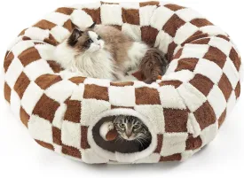 Lesure Cat Tunnel Bed for Indoor Cats - Cute Cat Donut Tunnel Toys with Washable Circle Cushion, Round Pet Peekaboo Cave Toy for Kitten/Puppy/Rabbit, Standard Brown