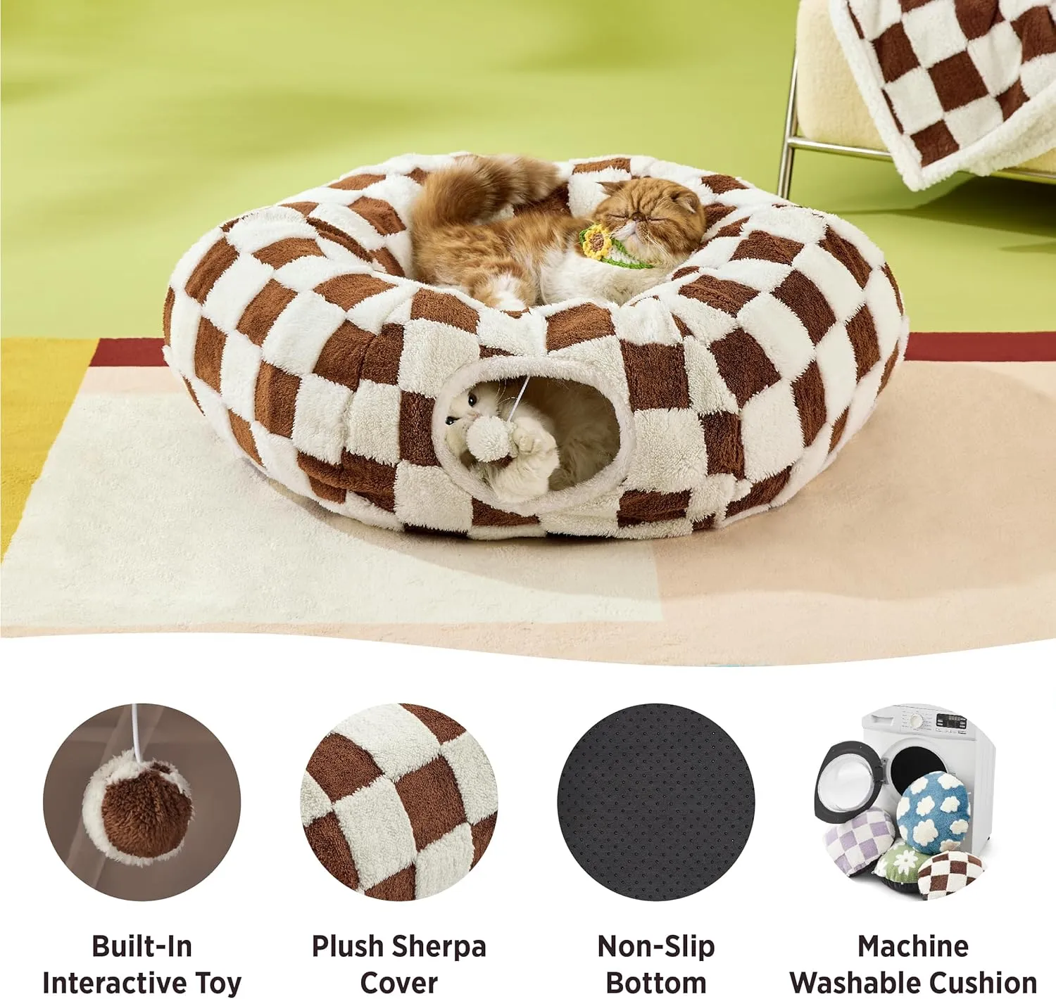 Lesure Cat Tunnel Bed for Indoor Cats - Cute Cat Donut Tunnel Toys with Washable Circle Cushion, Round Pet Peekaboo Cave Toy for Kitten/Puppy/Rabbit, Standard Brown