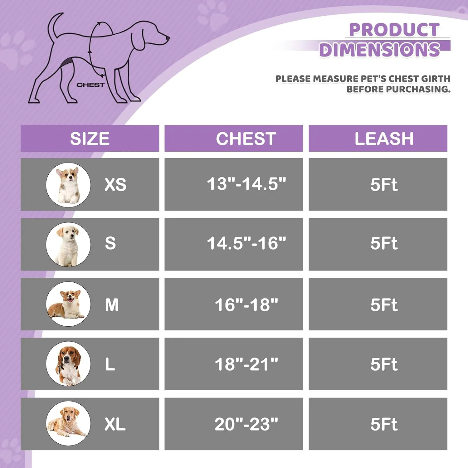 Magshion No Pull Dog Harness and Leash Set for Large Dogs, Heavy Duty 5ft Leash, Padded Pet Vest with Adjustable Velcro & Reflective Strips for Walking, Running, Training in Night, Purple, L
