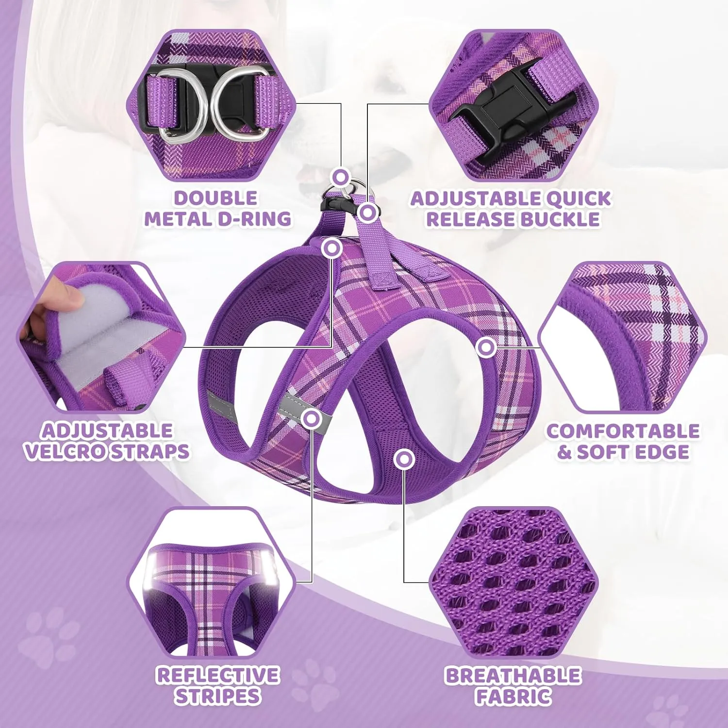 Magshion No Pull Dog Harness and Leash Set for Large Dogs, Heavy Duty 5ft Leash, Padded Pet Vest with Adjustable Velcro & Reflective Strips for Walking, Running, Training in Night, Purple, L