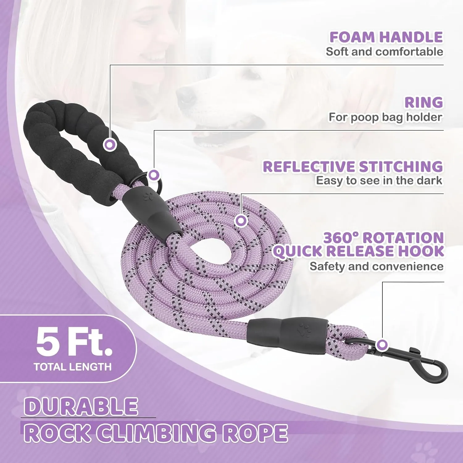 Magshion No Pull Dog Harness and Leash Set for Large Dogs, Heavy Duty 5ft Leash, Padded Pet Vest with Adjustable Velcro & Reflective Strips for Walking, Running, Training in Night, Purple, L