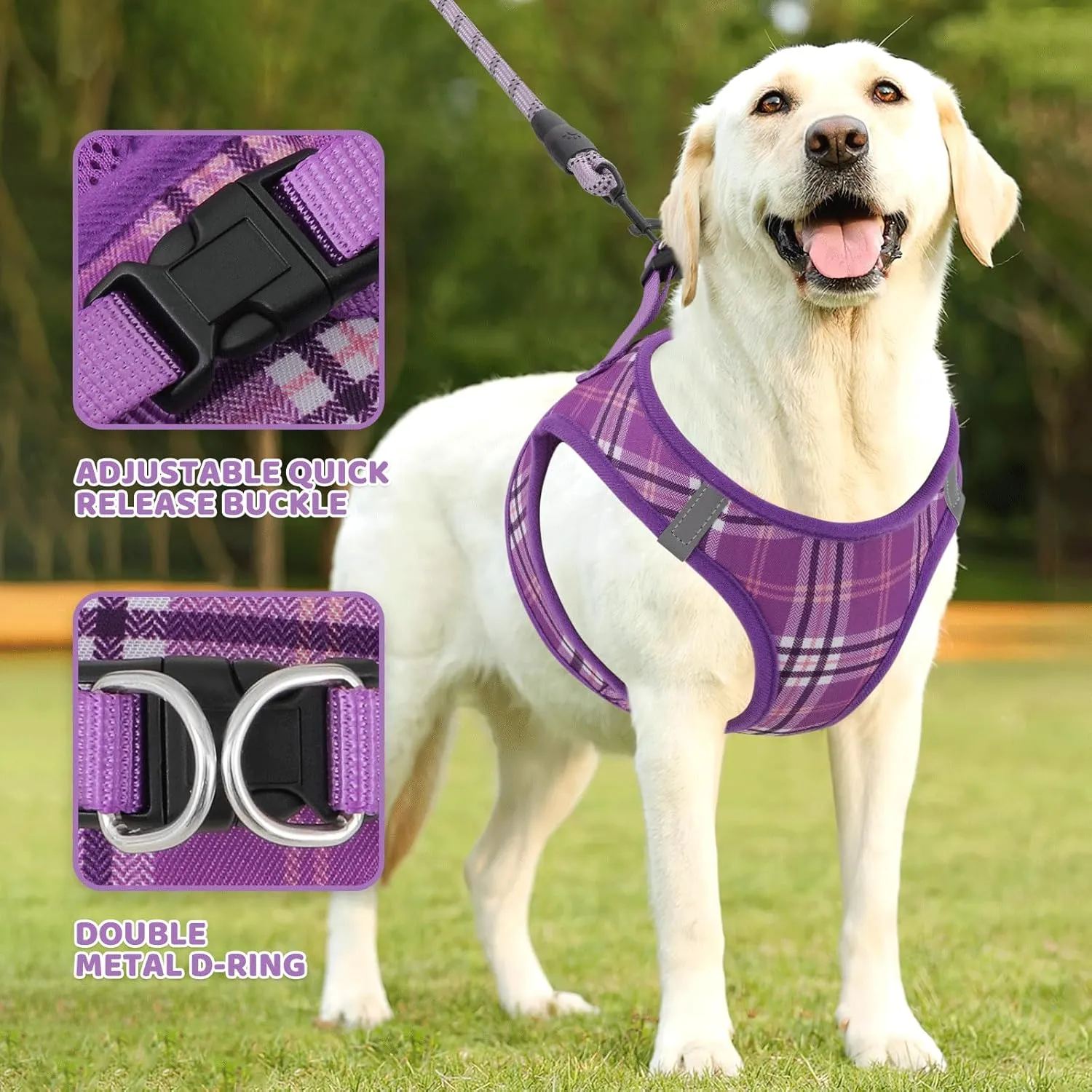 Magshion No Pull Dog Harness and Leash Set for Large Dogs, Heavy Duty 5ft Leash, Padded Pet Vest with Adjustable Velcro & Reflective Strips for Walking, Running, Training in Night, Purple, L