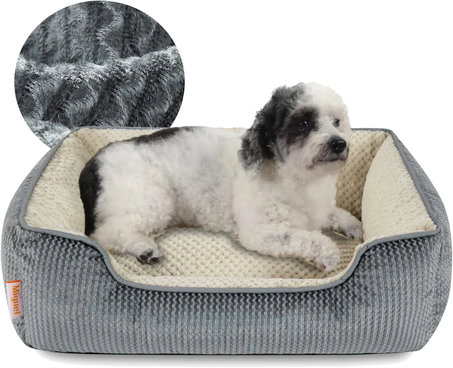 Miguel Medium Small Dog Bed with Washable Removable Cover - Rectangle Pet Bed for Indoor Cats with Bolster Soft Cuddle Bed for Puppies with Supportive Side Wall Slip-Resistant Bottom, Gray 25 Inches