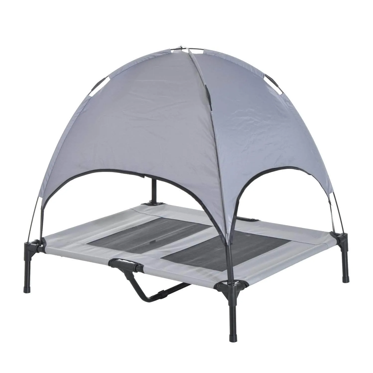 Outdoor Patio Large Elevated Foldable Dog Bed with Canopy and Carry Bag in Grey and Black