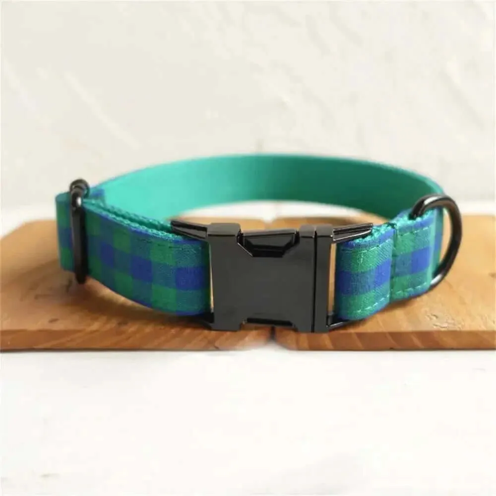 Personalized ID Tag Blue & Green Plaid Pet Collar & Leash