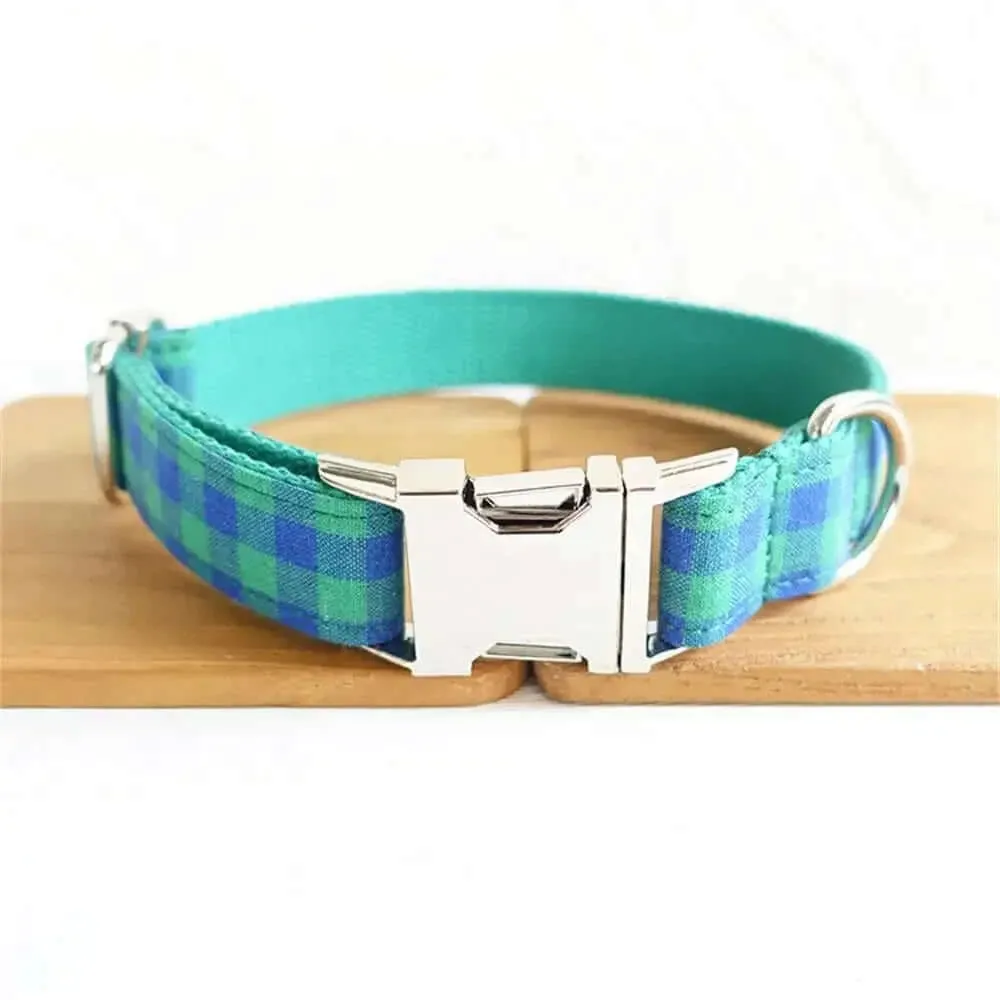 Personalized ID Tag Blue & Green Plaid Pet Collar & Leash