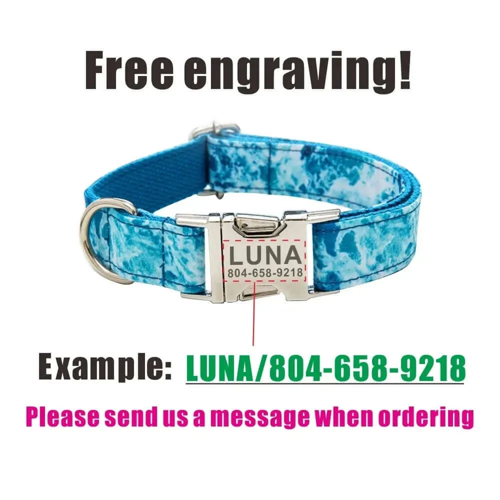 Personalized ID Tag Blue Sea Wave Pet Collar & Leash