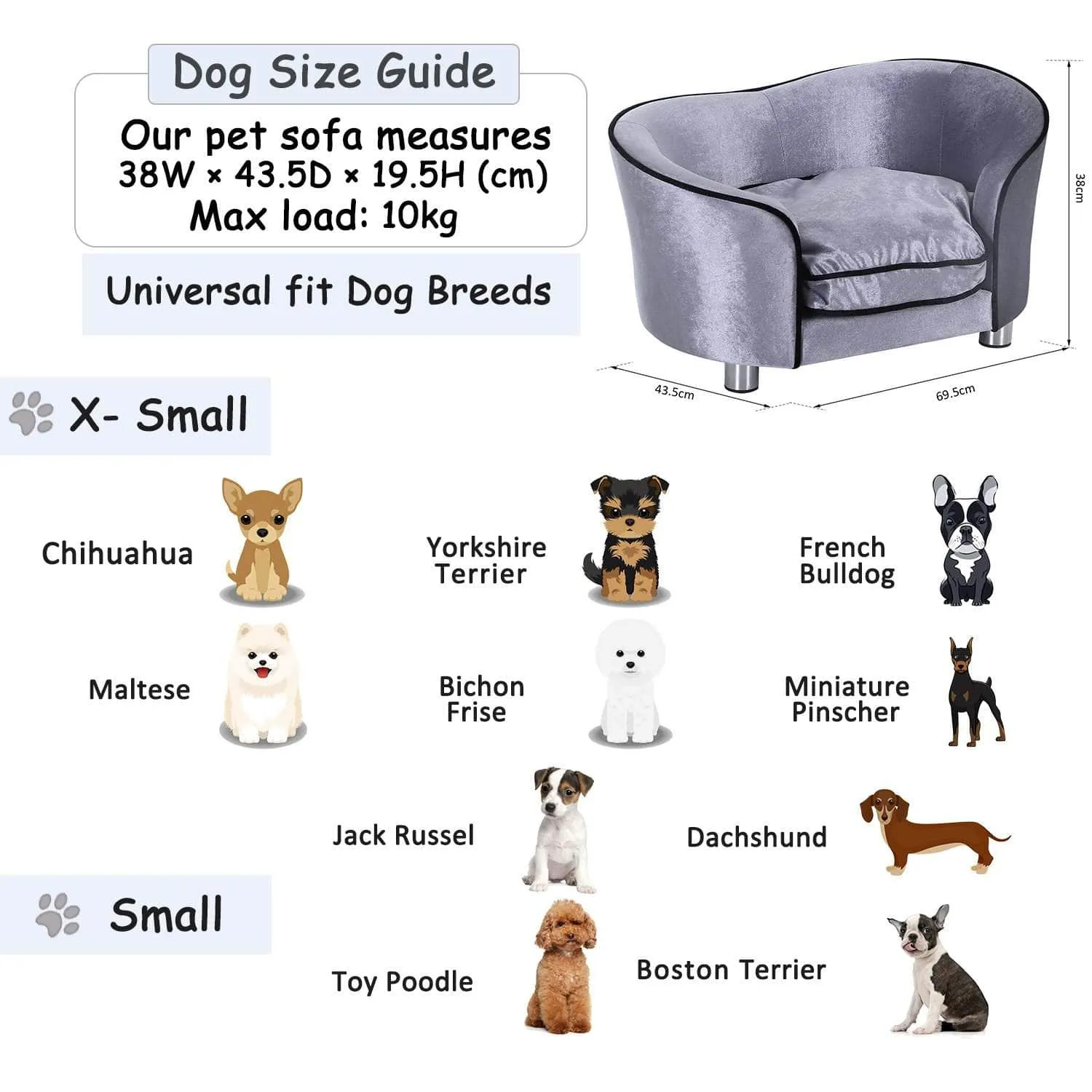 Plush Fabric Elevated Small Dog Sofa Bed in Silver Grey