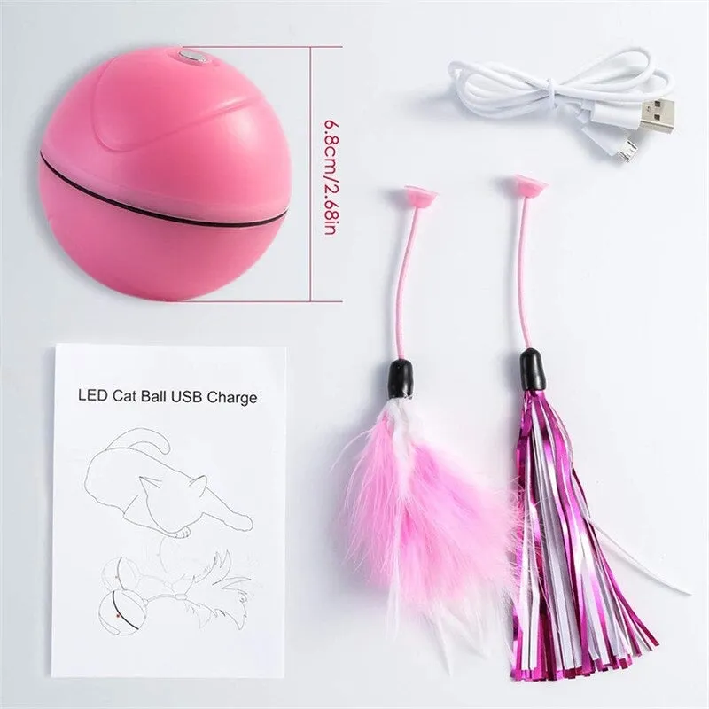 Rolling Cat Ball Toy With Magnetic Feathers Interactive Teasing Multi-function LED Cat Toy