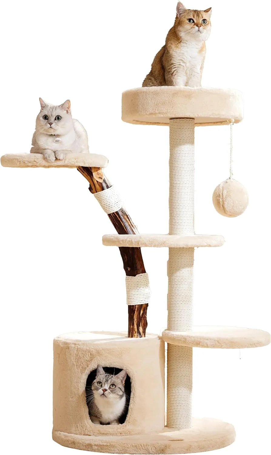Small Modern Unique Aesthetic Cat Tree for Indoor Cats Large Adult,46 Inches Tall Natural Real Wooden Cat Tree with Scratching Post,Condo,Perch,Senior Luxury Sturdy Cat House,Cat Furniture