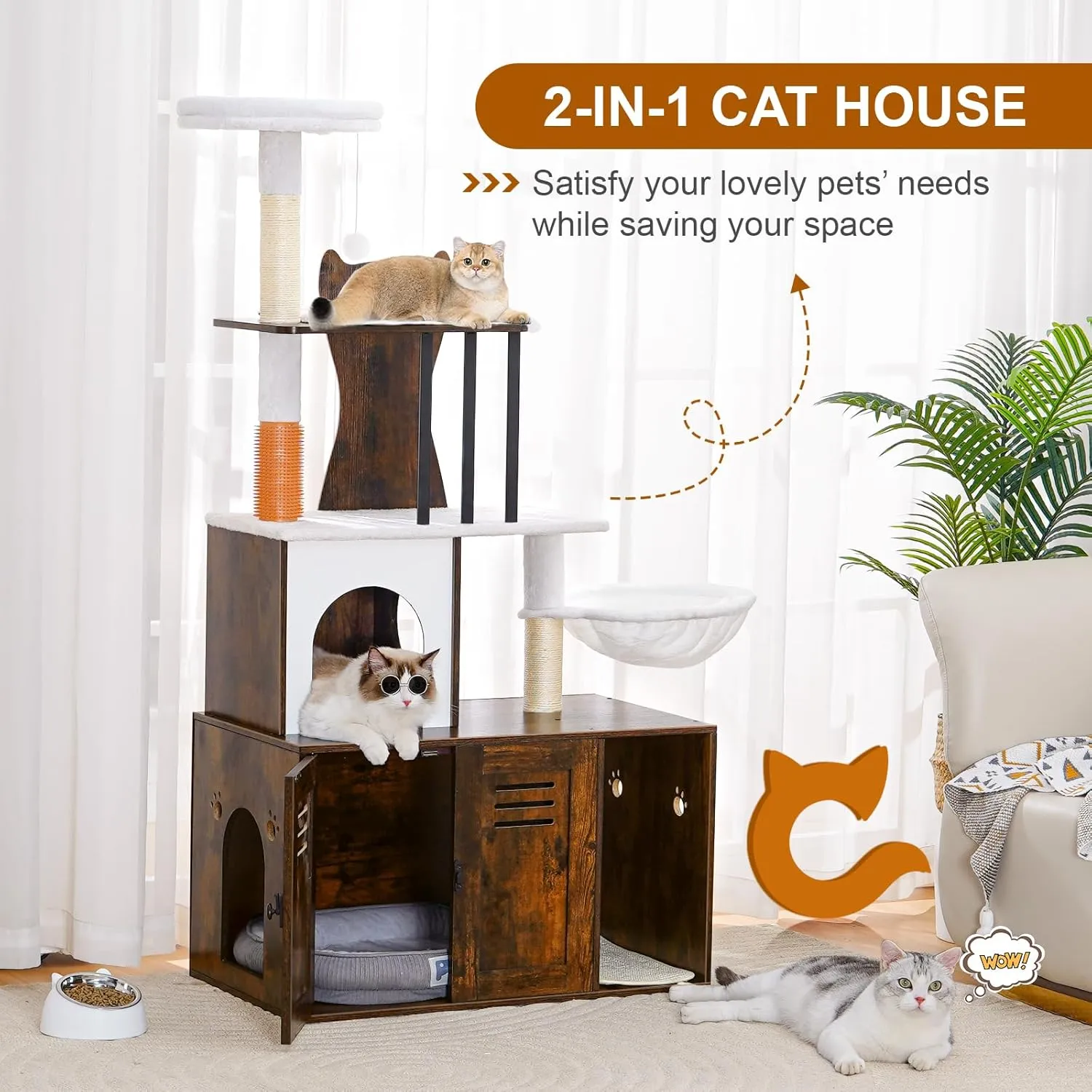 Snughome Cat Tree with Litter Box Enclosure Furniture, 2-in-1 Modern Cat Tower, 58.66 Wood Cat Condo with Scratching Post and Hammock, Pet Furniture with Large Platform, Rustic Brown