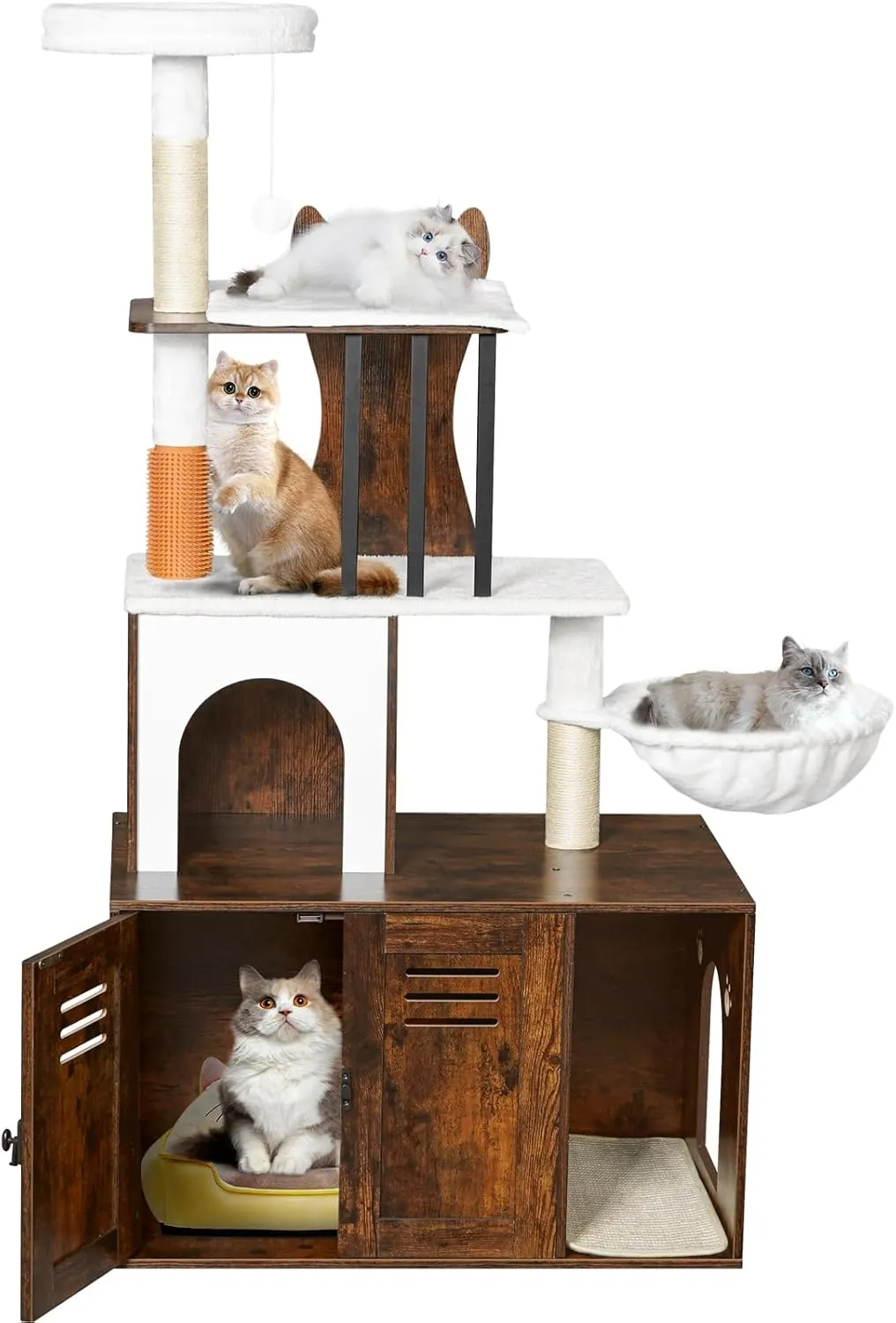 Snughome Cat Tree with Litter Box Enclosure Furniture, 2-in-1 Modern Cat Tower, 58.66 Wood Cat Condo with Scratching Post and Hammock, Pet Furniture with Large Platform, Rustic Brown