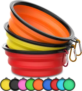 Takfox Collapsible Dog Bowls [3 Pack] 20 oz, Travel Dog Bowls, Pet Bowl Portable Foldable Water Food Feeding Dishes with Carabiner Clip for Traveling Hiking Walking-Red & Orange & Yellow