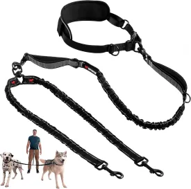 Tuff Pupper Heavy Duty Hands Free Bungee Dog Leash | Two Large Dogs Up to 250 lbs | Comfortable Shock Absorbing Bungee | Reflective Dual Padded Handles | Lumbar Waist Belt 22-45" | 360 Swivel Clips