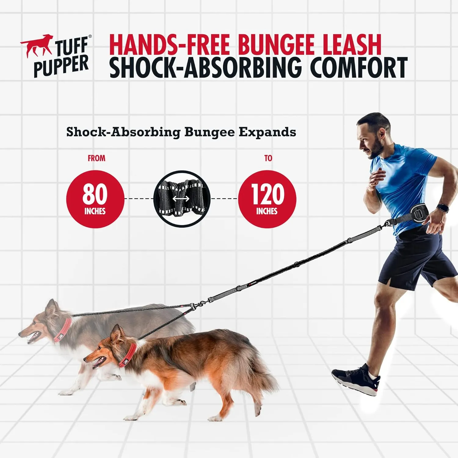 Tuff Pupper Heavy Duty Hands Free Bungee Dog Leash | Two Large Dogs Up to 250 lbs | Comfortable Shock Absorbing Bungee | Reflective Dual Padded Handles | Lumbar Waist Belt 22-45" | 360 Swivel Clips