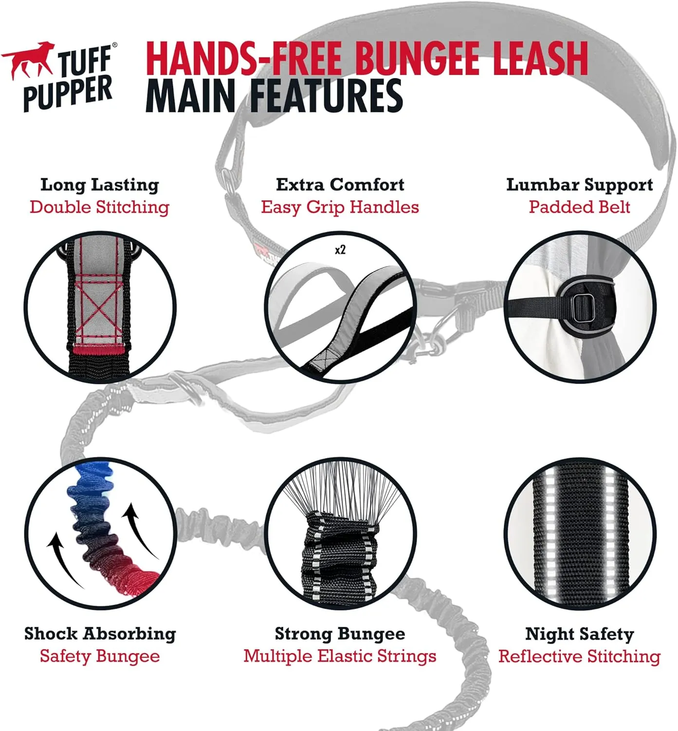 Tuff Pupper Heavy Duty Hands Free Bungee Dog Leash | Two Large Dogs Up to 250 lbs | Comfortable Shock Absorbing Bungee | Reflective Dual Padded Handles | Lumbar Waist Belt 22-45" | 360 Swivel Clips