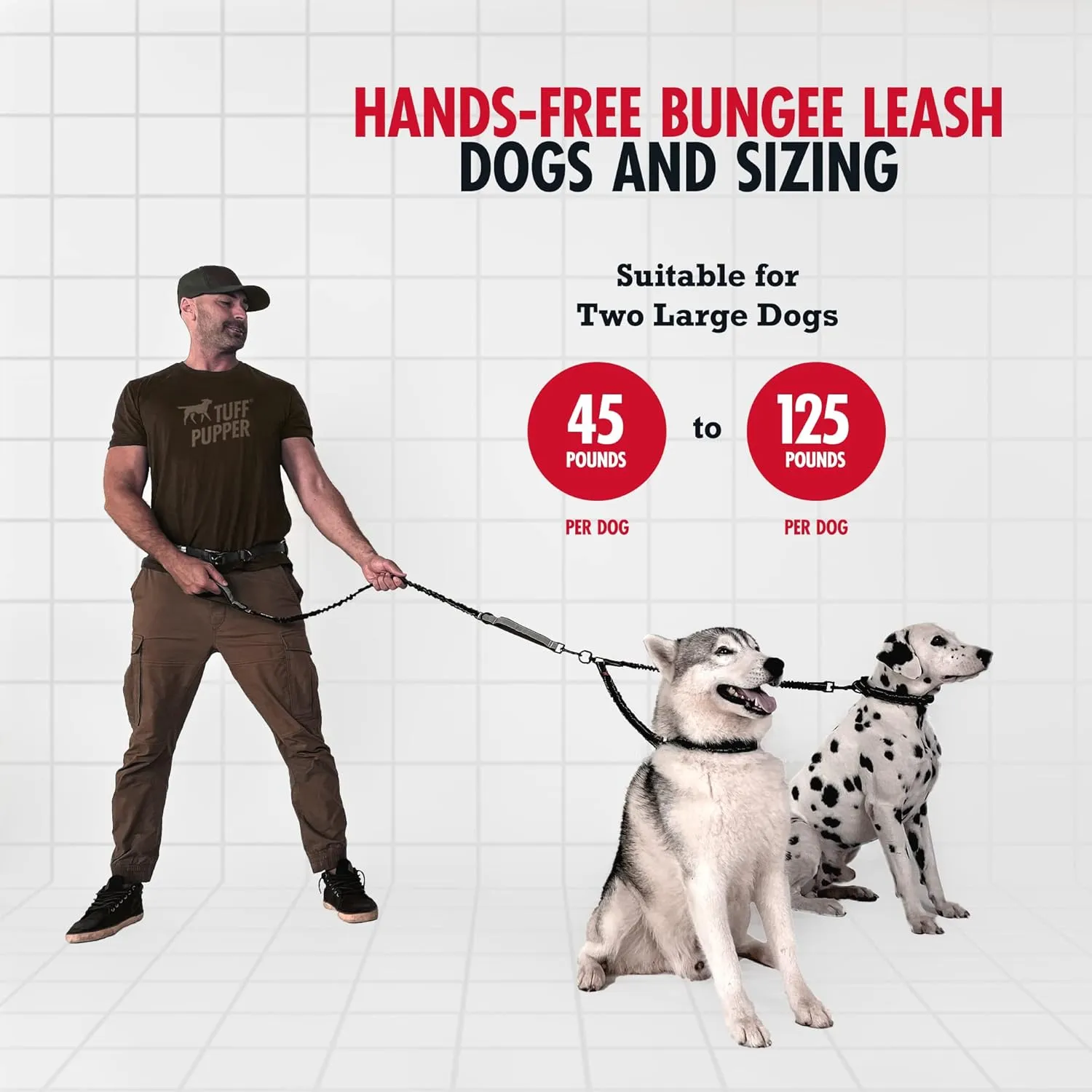 Tuff Pupper Heavy Duty Hands Free Bungee Dog Leash | Two Large Dogs Up to 250 lbs | Comfortable Shock Absorbing Bungee | Reflective Dual Padded Handles | Lumbar Waist Belt 22-45" | 360 Swivel Clips