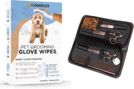 We Love Doodles Dog Grooming Scissors Kit & Cleaning Gloves Wipes - Straight, Curved & Thinning Shears, Bathing Wipes, Rinse-Free, Alcohol-Free, 6 PCS