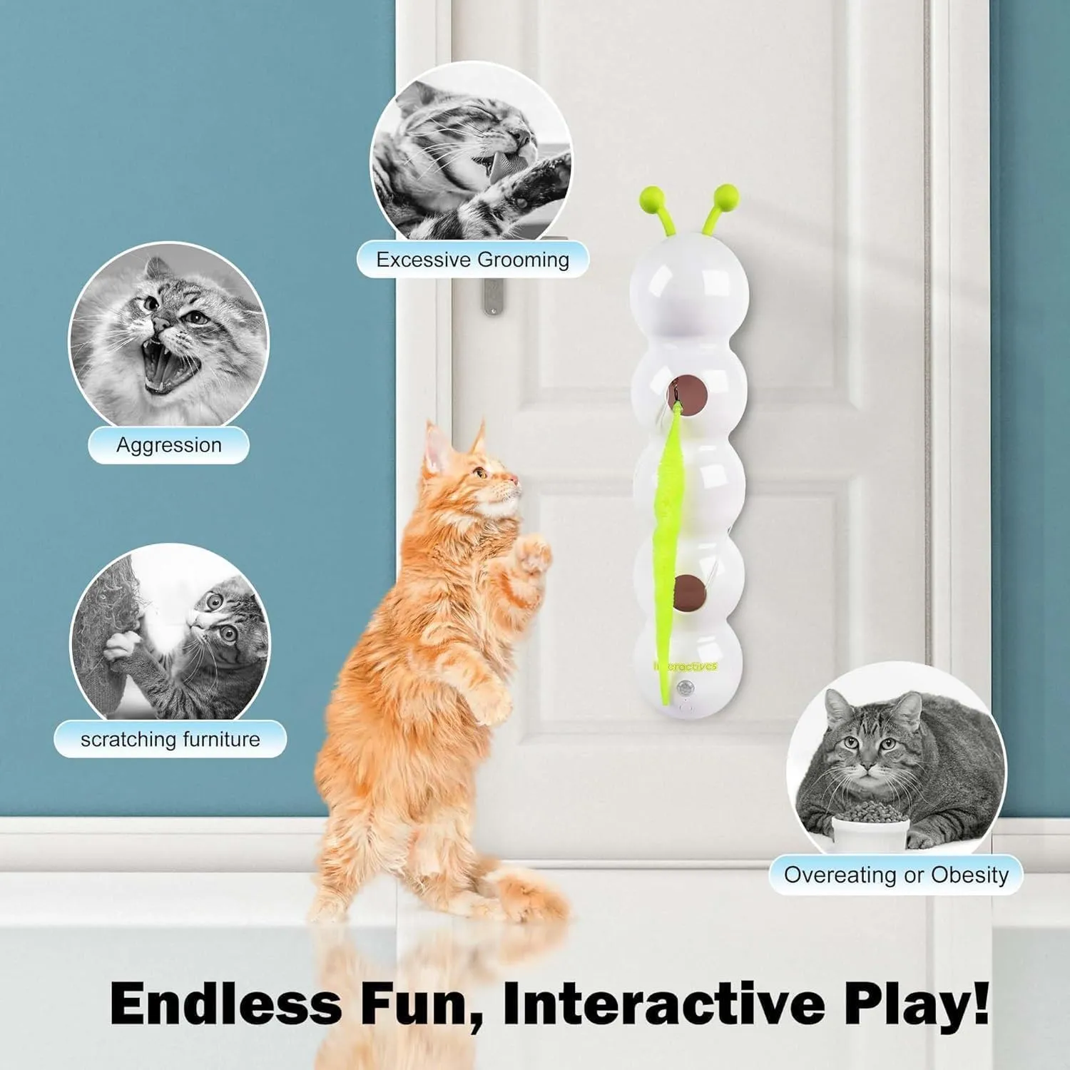 Whirley Cat Toy, Smart Motion Cat Toy with Worm Design, Interactive Automatic Kitten Toy, Cat Teaser Stick with Suction Cup, Suitable for Indoor Wall, Door and Window Installation(1set)