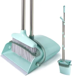 XXXFLOWER Broom and Dustpan Set for Home, Cleaning Teeth Combo Set with 55" Long Handle, Indoor Sweep Tool for Office, Kitchen, Lobby Floor, Bluish Green