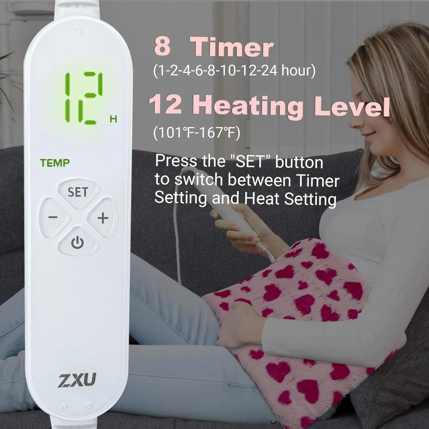 ZXU Heating Pad for Back Pain Relief, Ultra Soft Sherpa Heating Pad for Cramps Relief with 12 Heat Setting, Moist Heat Option, and Auto Shut Off Function Hot Heated Pad (Pink)